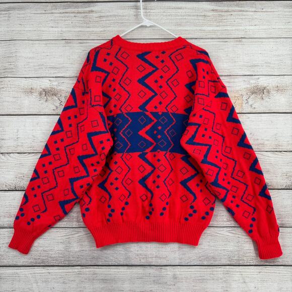 Vintage 80s Obermeyer Sport Crewneck Ski Sweater Mens Large Florescent Red Blue - Picture 2 of 13
